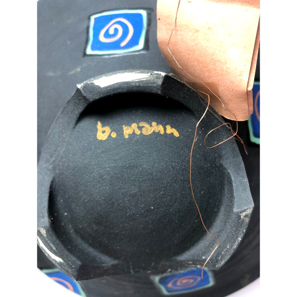 Barbara Mann Made Designs Fun 8" Matte Pottery Bowl Purple Chicklets Copper Leaf - Picture 5 of 8